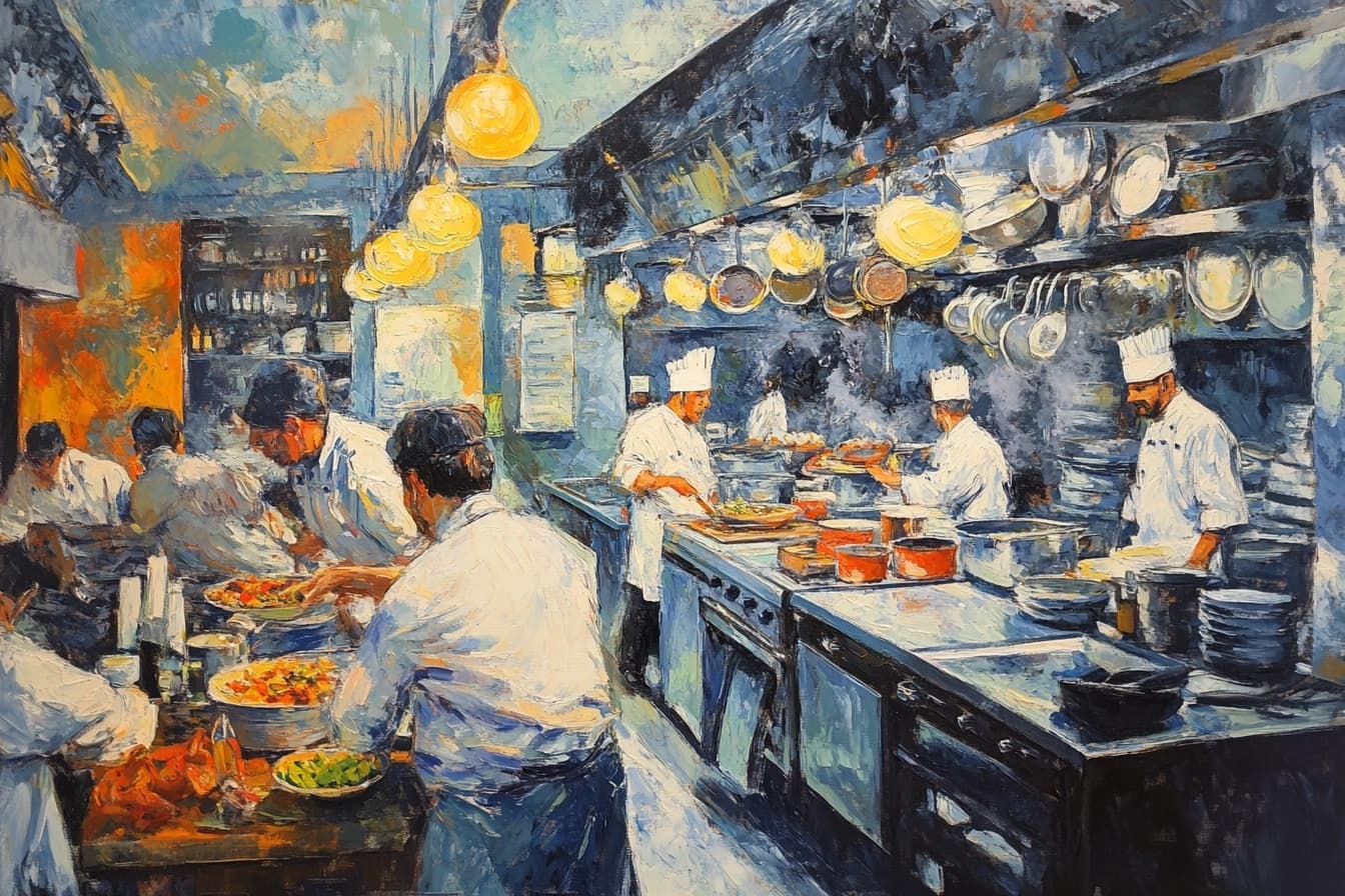 An AI painting of a restaurant kitchen, reminiscent of a Van Gogh painting.