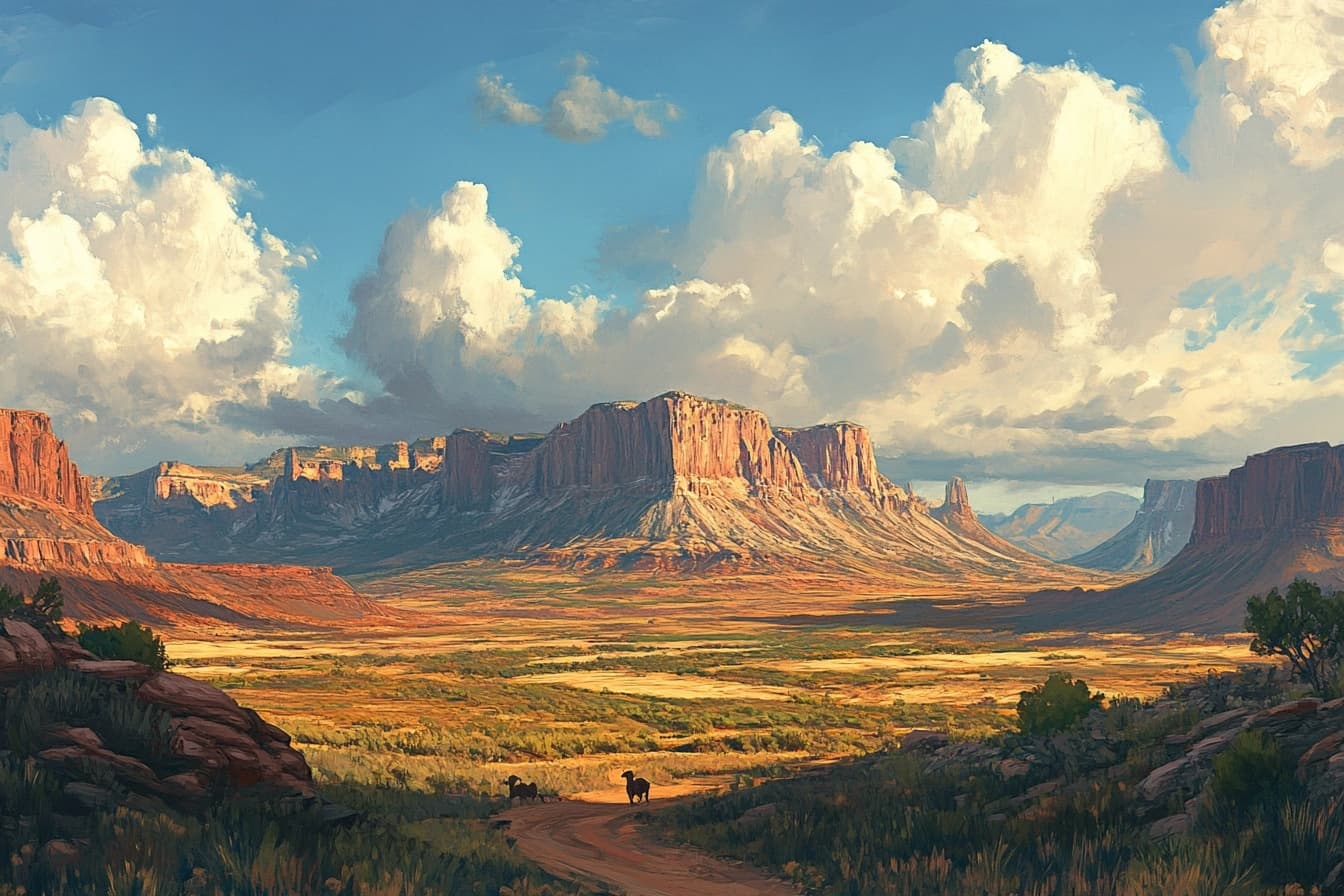 A painting of a Southern Utah landscape in the style of Thomas Cole.